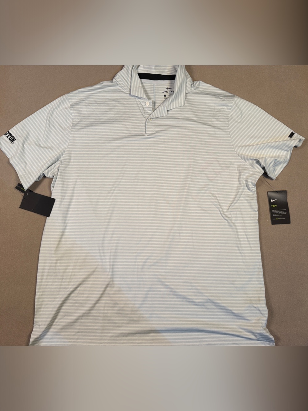 Nike Men's White and Light Blue Thin-Striped Dri-FIT Polo